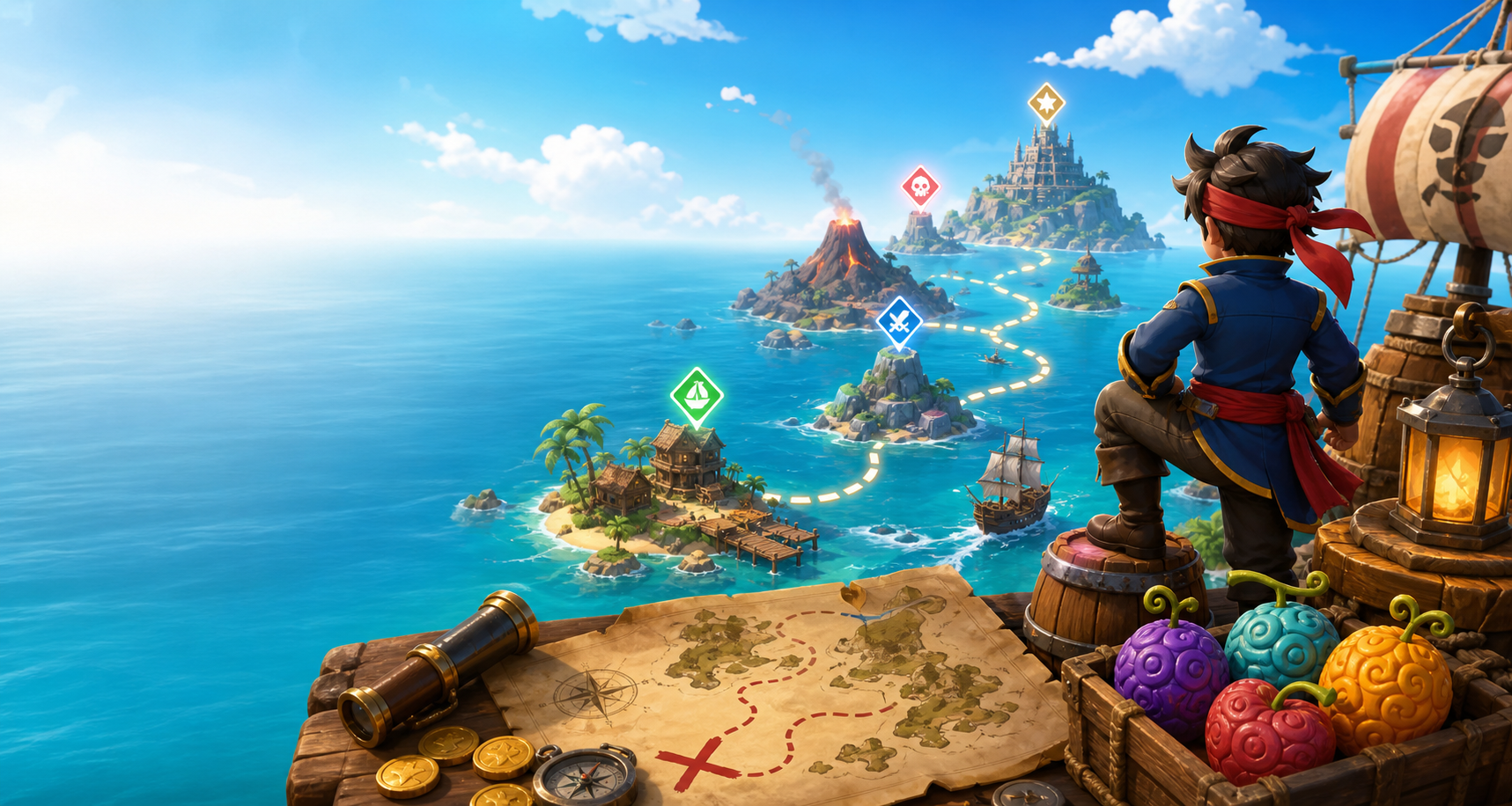 Original sea adventure guide artwork for a Roblox pirate RPG
